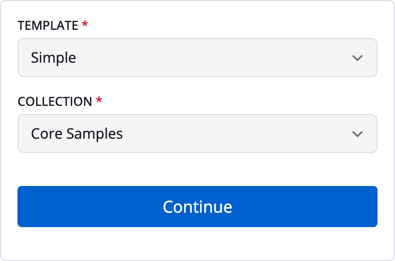 The Add Asset page, with Template and Collection chosen and a Continue button