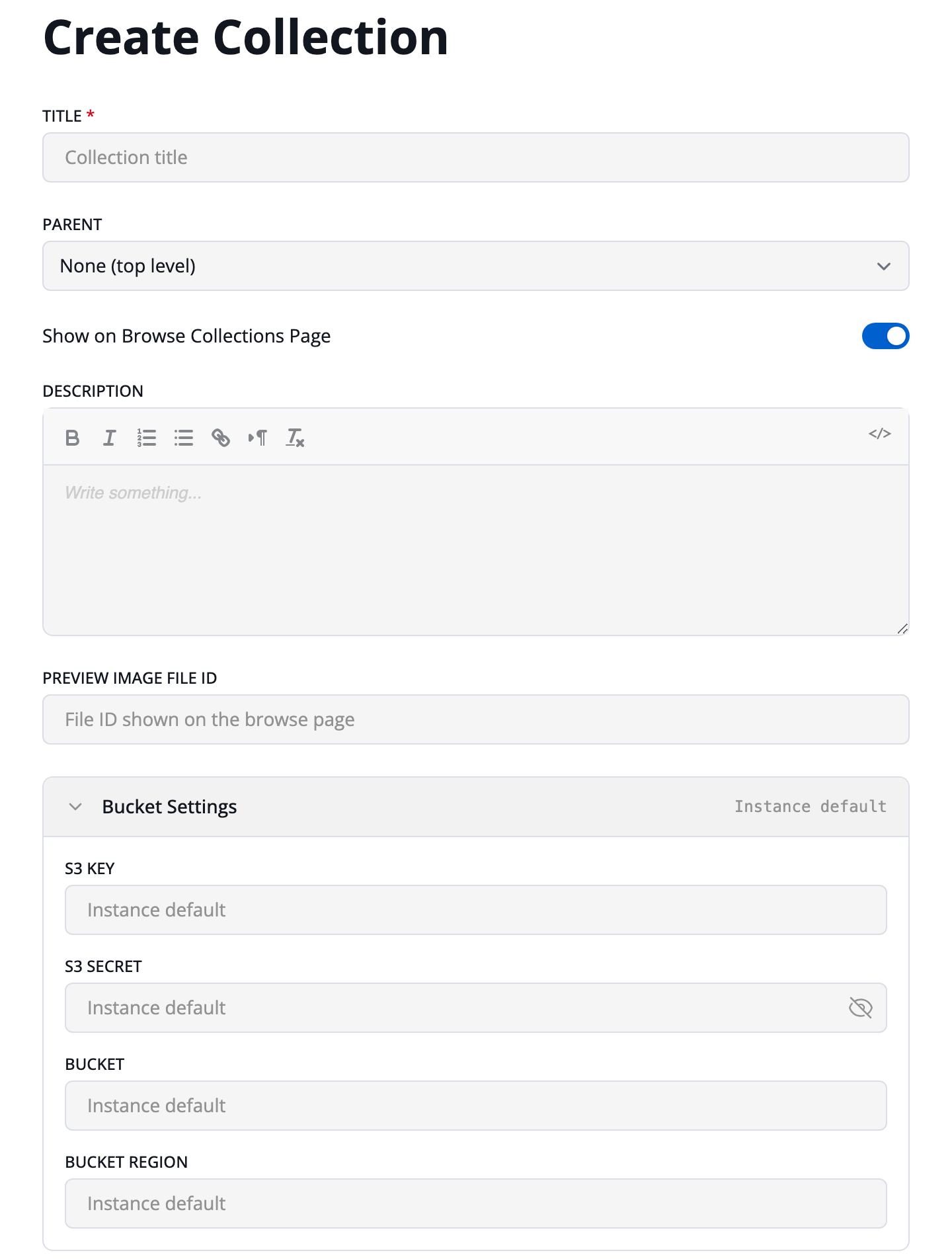 The Create Collection form, with Bucket Settings expanded
