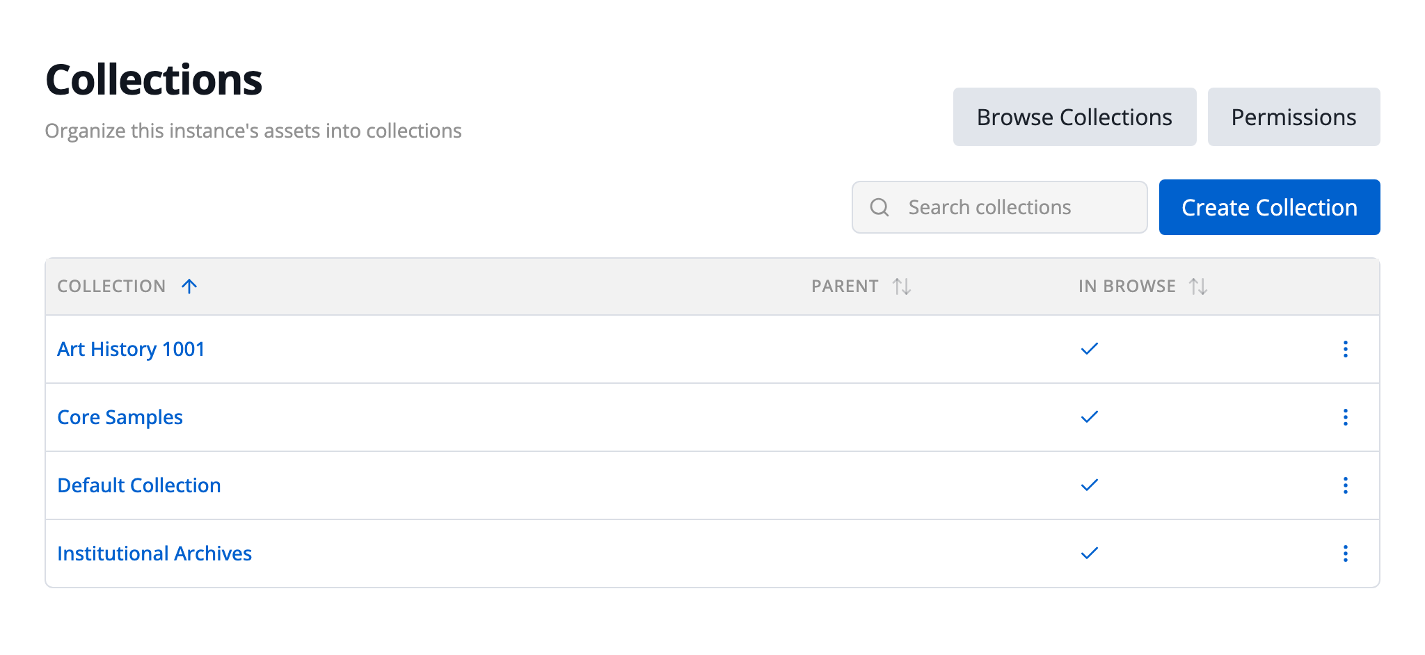 The Collections page, listing four collections with their parent and whether they appear on the browse page