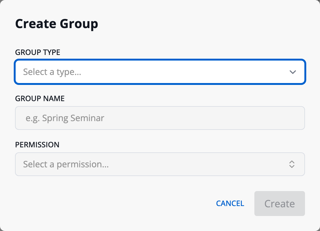 The Create Group dialog, with Group Type, Group Name, and Permission fields