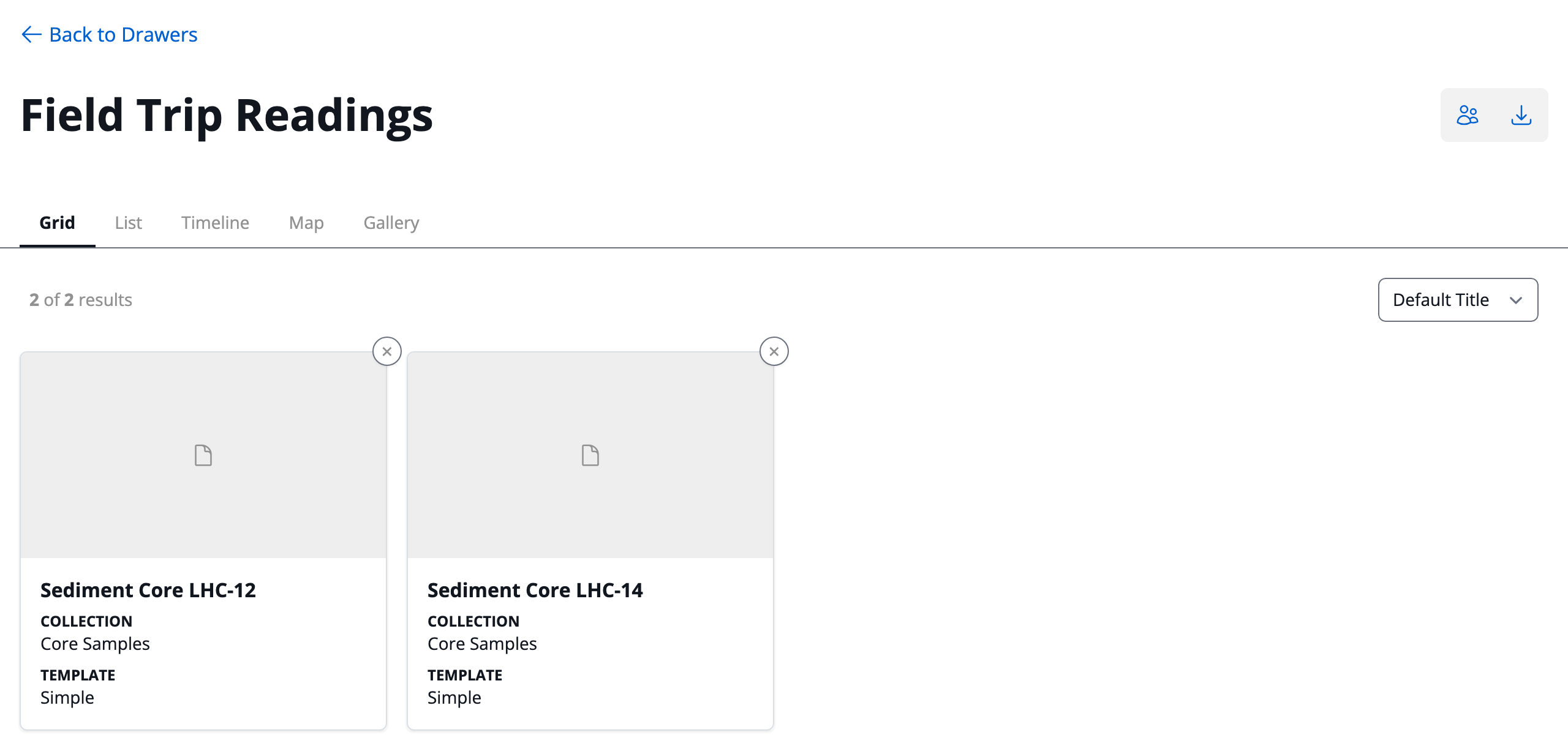 A drawer named Field Trip Readings, with two assets and the permissions and download icons at the upper right