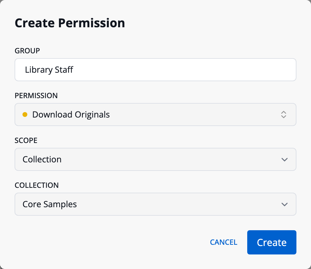 The Create Permission form, granting Library Staff the Download Originals permission on the Core Samples collection