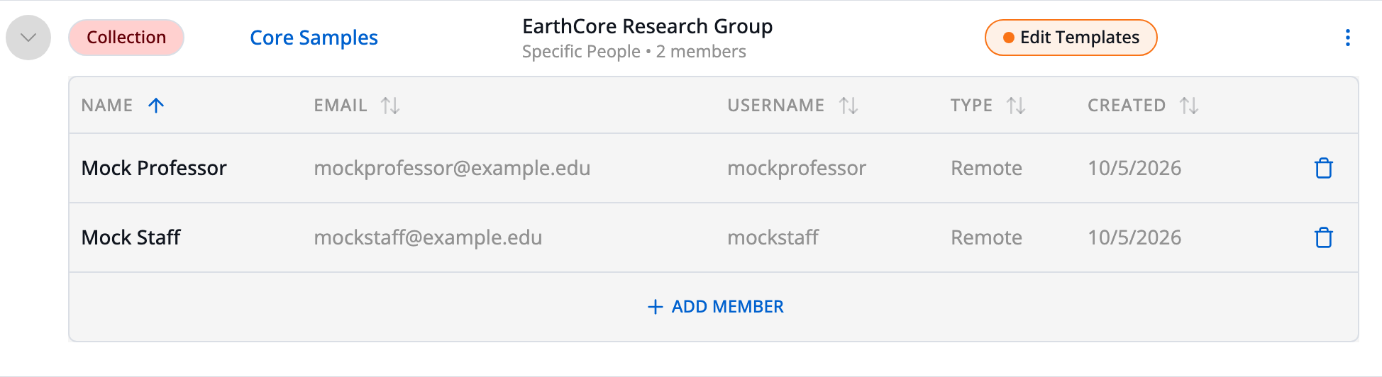An expanded Specific People group, listing its two members and an Add Member button