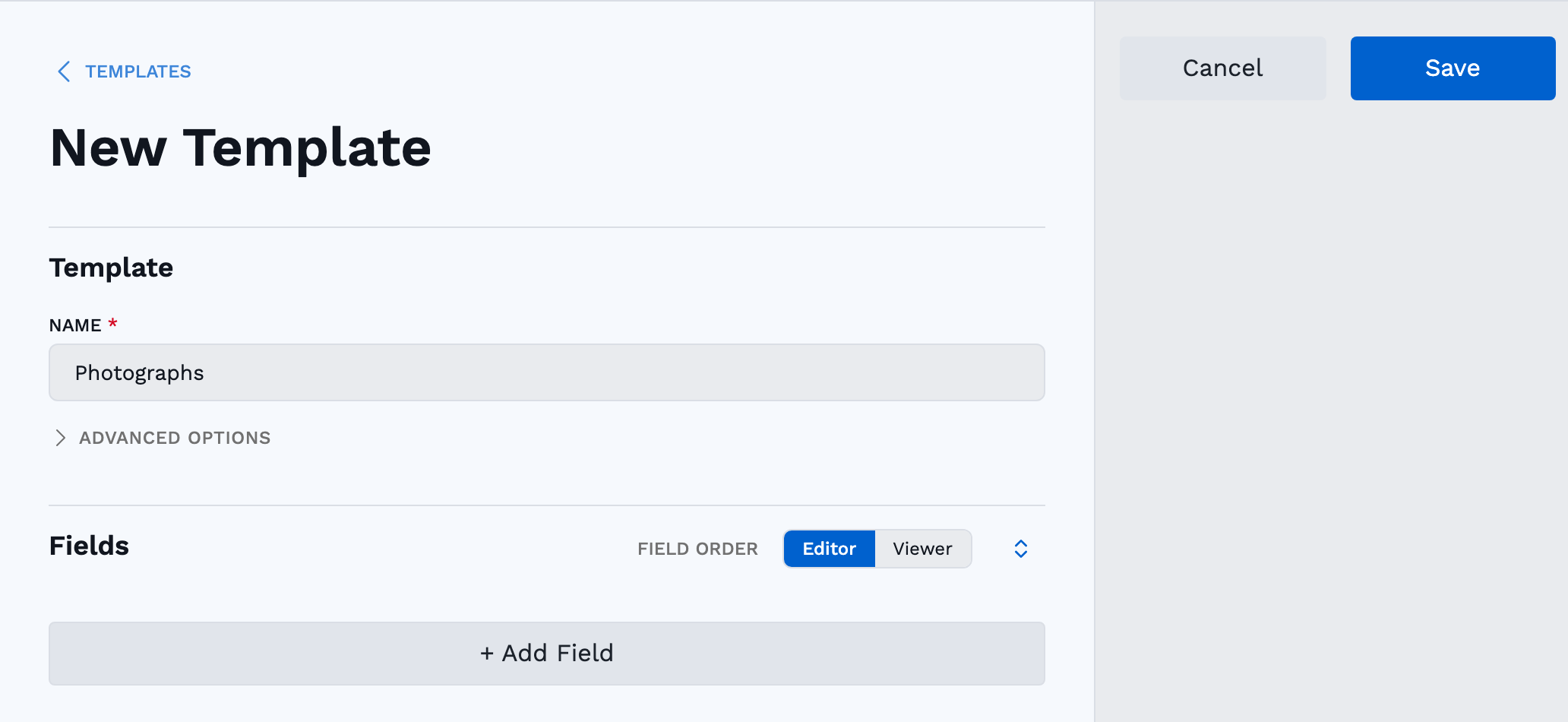 A new Photographs template with the Name filled in, an empty Fields section, and the Add Field and Save buttons