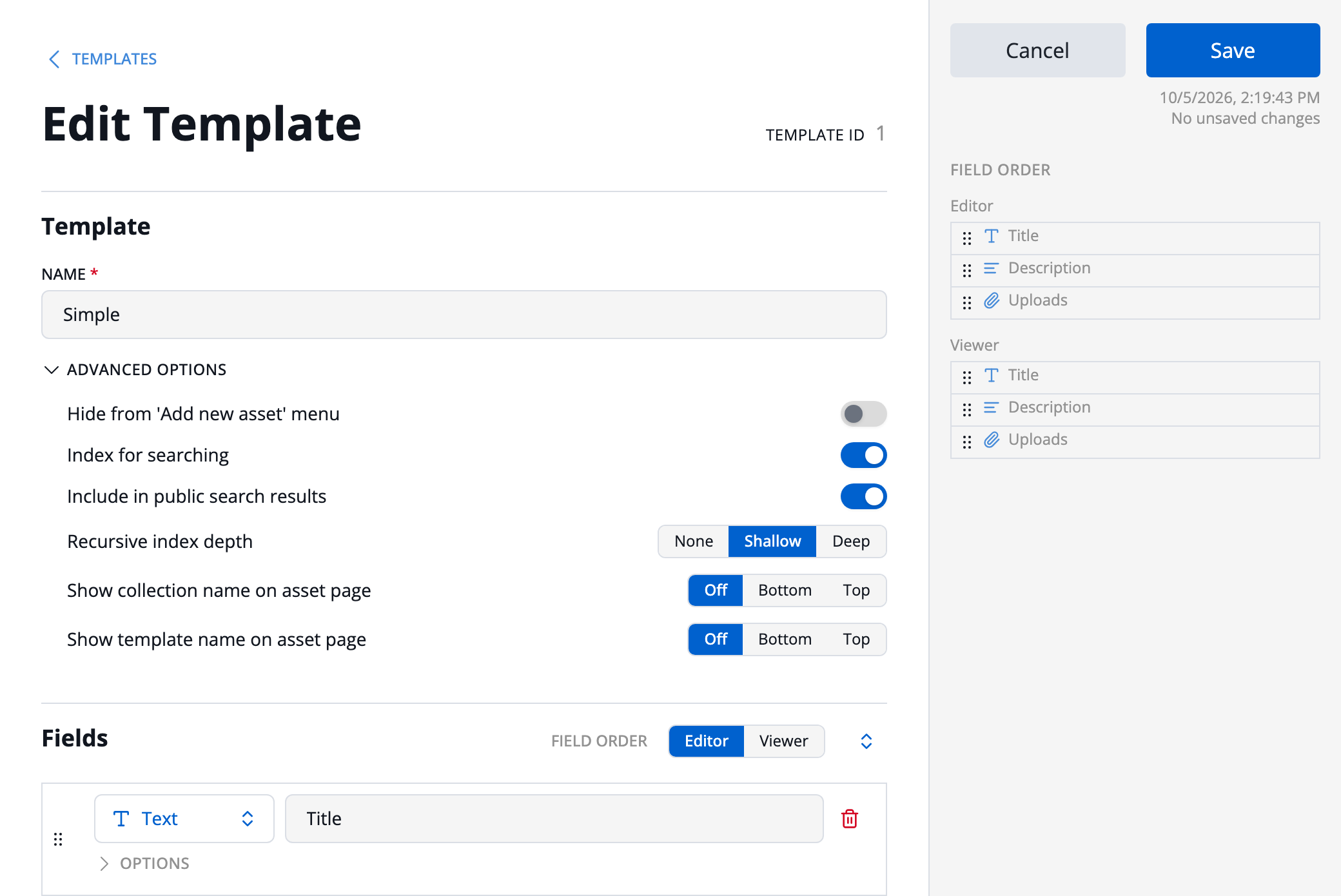 The template editor, with Advanced options expanded and the Field order lists in the sidebar