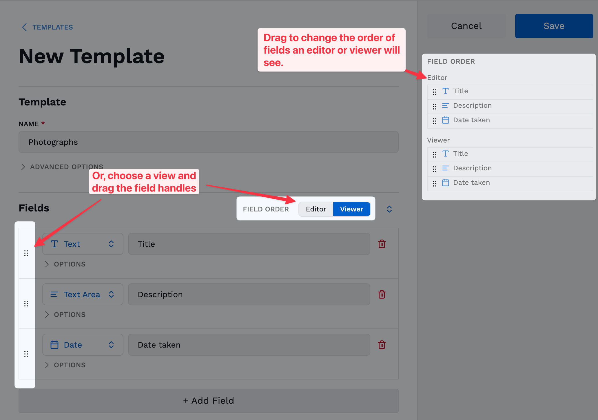 The Photographs template with Title, Description, and Date taken fields, Viewer order selected, and Title first in both sidebar lists