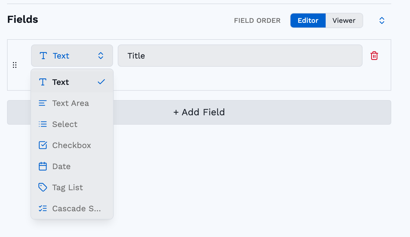 The field type dropdown open on a field labeled Title, showing Text selected and other types including Text Area and Date
