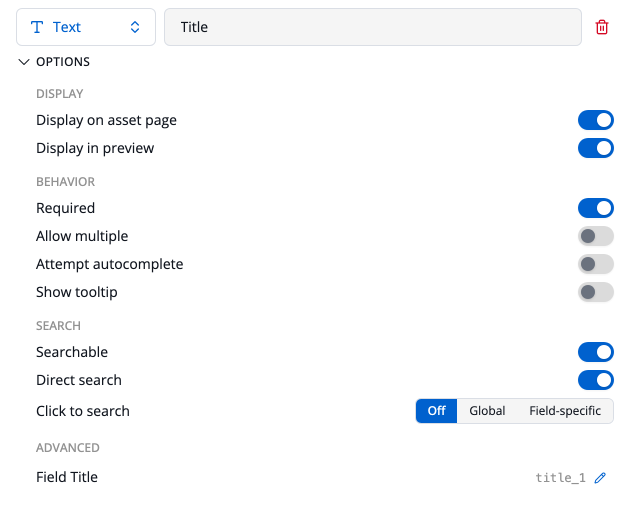 The options for a Text field named Title