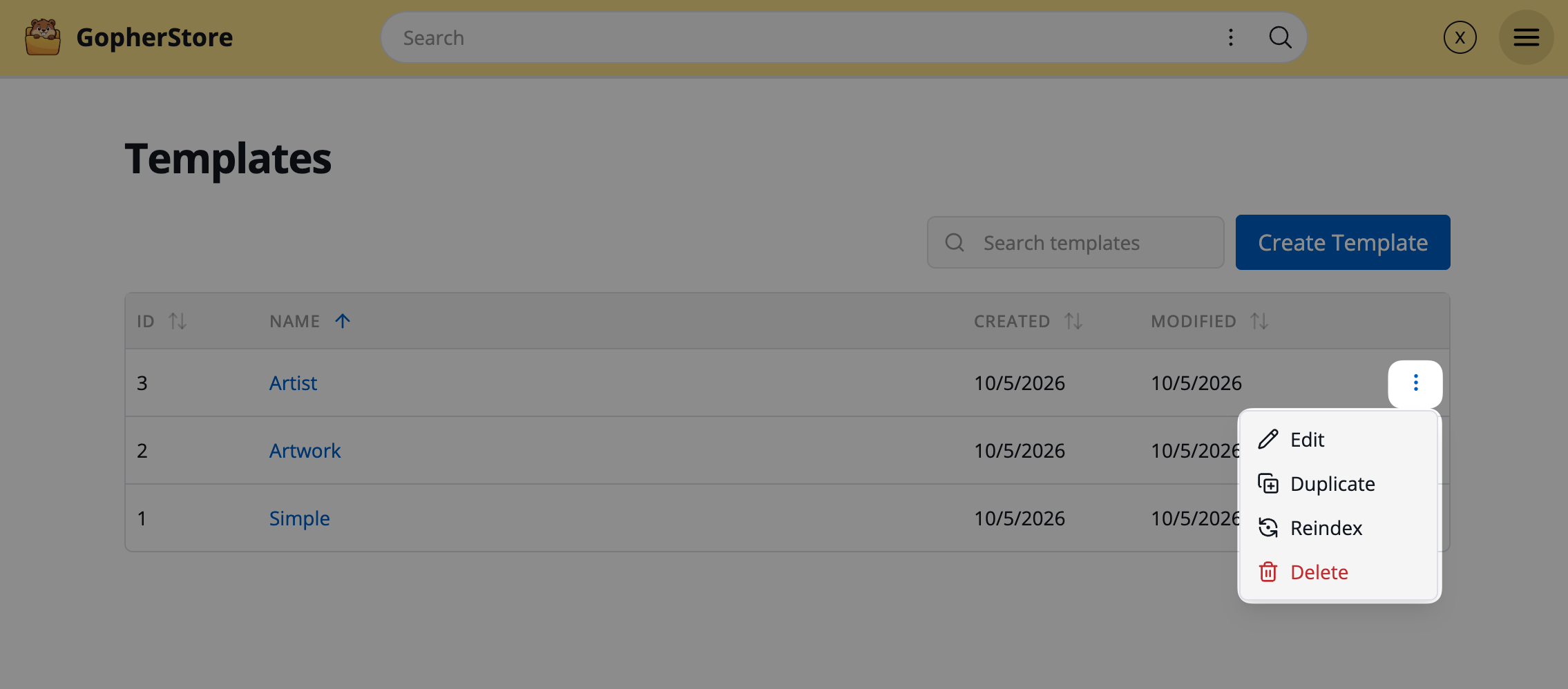 Templates page with the more actions menu open revealing choices to edit, duplicate, reindex, or delete